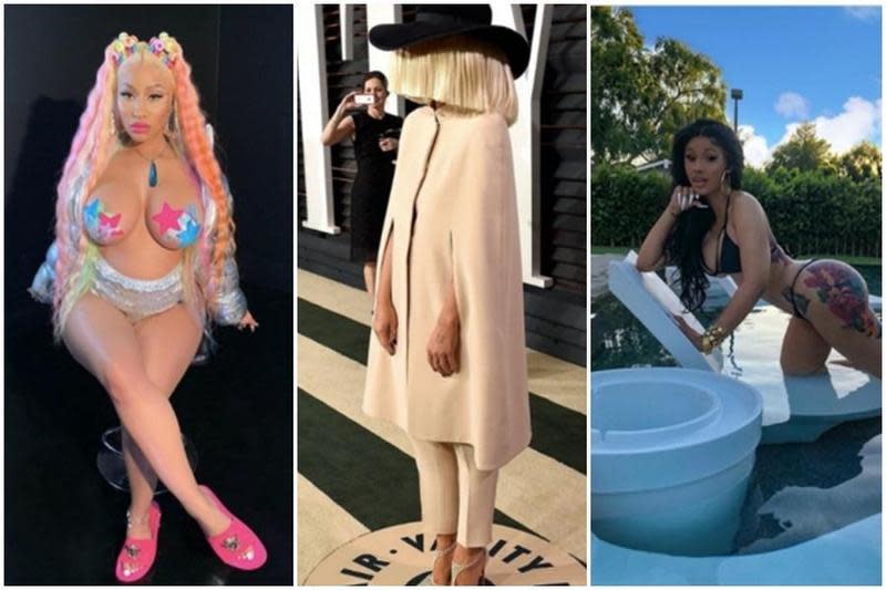 妮姬米娜（左起）、希雅、卡蒂B，莫名其妙成為最新的「臉盲」事件受害者。（翻攝自Nicki Minaj、Sia、Cardi B.官方Instagram）