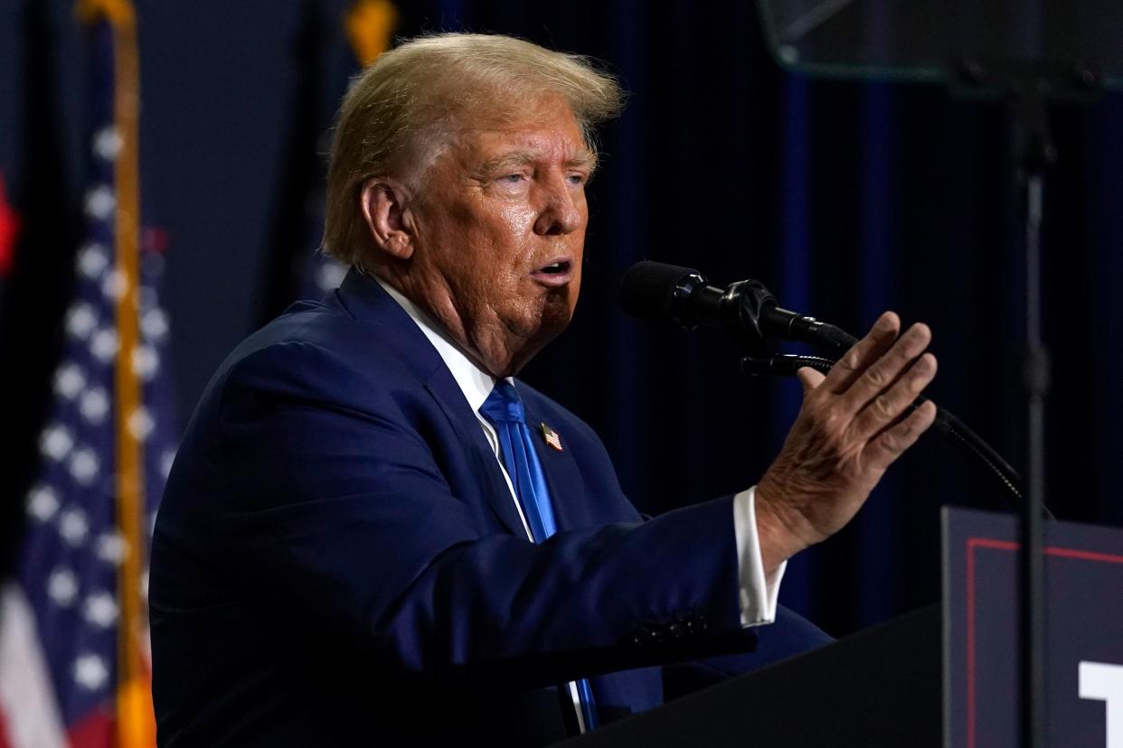 Republican presidential candidate former President Donald Trump speaks at a campaign rally Monday Oct. 23, 2023, in Derry, N.H.