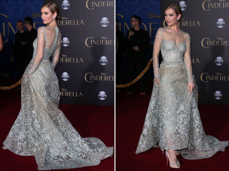 Lily James attends the "Cinderella" premiere.