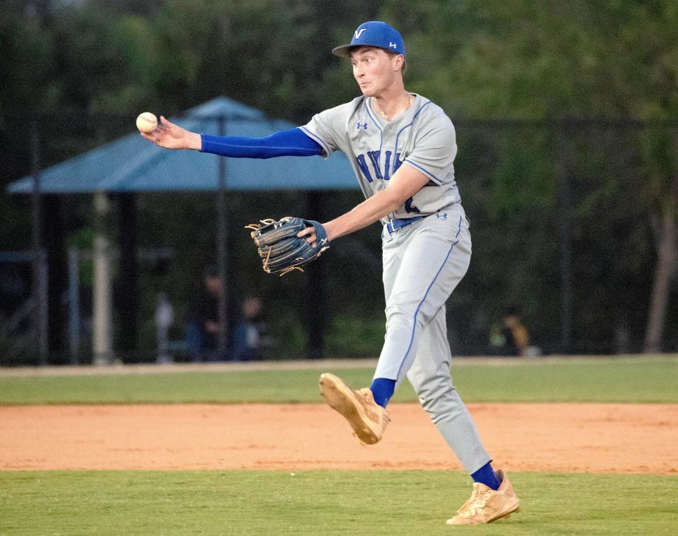 Lakeland Christian shortstop Gavin Byrd makes an off-balance throw to first base against McKeel on Friday in the championship game of the Polk County Baseball Tournament.