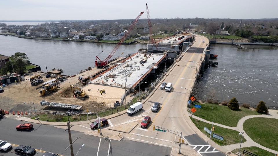 Construction continues Tuesday, April 9, 2024, on the new Rumson Road bridge over the Shrewsbury River between Rumson (top) and Sea Bright.