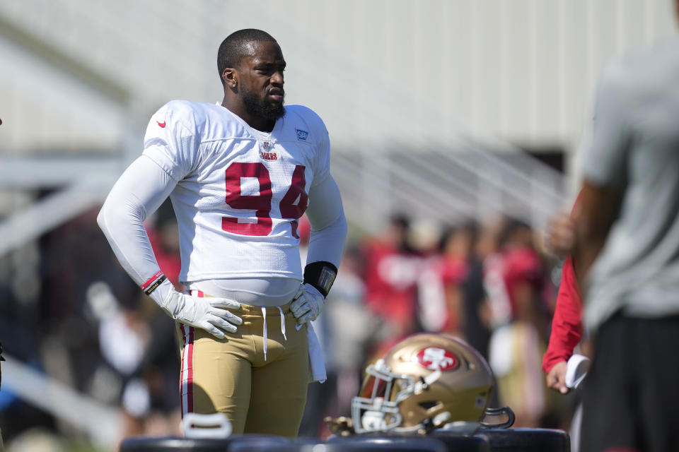 San Francisco 49ers' Clelin Ferrell takes part in drills during the NFL team's football training camp in Santa Clara, Calif., Monday, July 31, 2023. When Clelin Ferrell was seeking a new home to spark his career that hadn't lived up to his lofty draft status, the San Francisco 49ers were the perfect fit. Now Ferrell gets the chance to face his former teammates with the 49ers set to have joint practices with the Raiders on Thursday and Friday before playing them in the exhibition opener in Las Vegas on Sunday, Aug. 13. (AP Photo/Jeff Chiu)