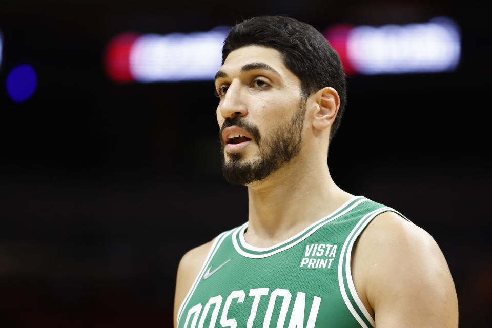 MIAMI, FLORIDA - OCTOBER 15: Enes Kanter #11 of the Boston Celtics looks on against the Miami Heat during a preseason game at FTX Arena on October 15, 2021 in Miami, Florida. NOTE TO USER: User expressly acknowledges and agrees that, by downloading and or using this photograph, User is consenting to the terms and conditions of the Getty Images License Agreement. (Photo by Michael Reaves/Getty Images)