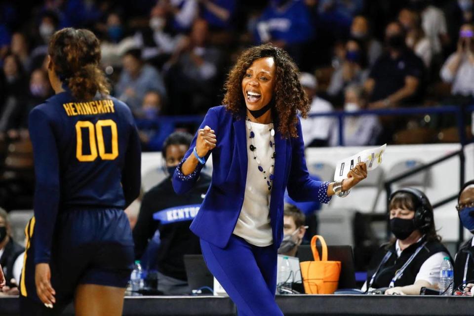 Kentucky head coach Kyra Elzy celebrates a defensive stop against West Virginia on Wednesday night.