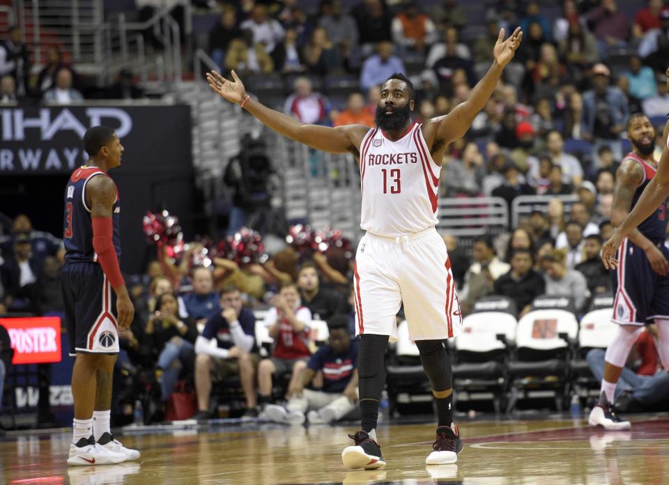 James Harden asks the assembled masses in D.C. if they're entertained. (AP)