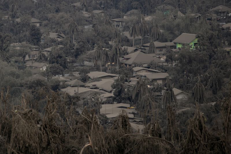 Houses covered with ashes from the erupting Taal Volcano are pictured in Talisay