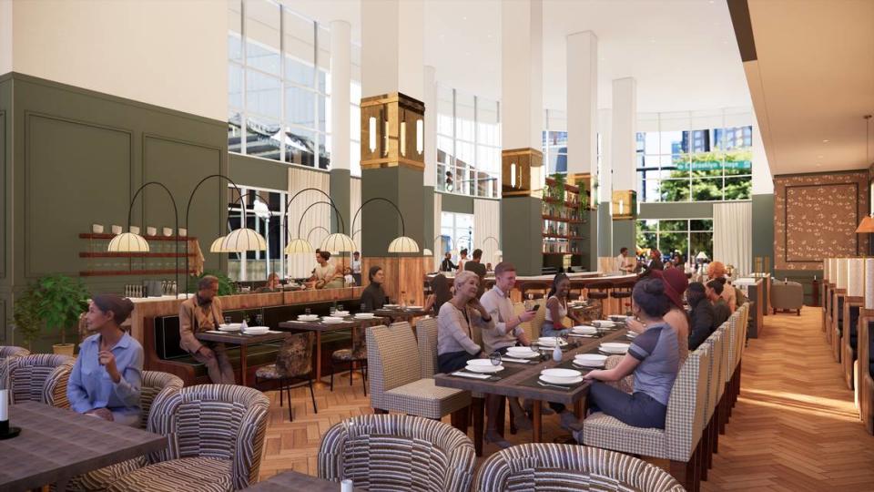 A rendering shows the dining room and bar space for Dogwood: A Southern Table inside The Westin Charlotte.
