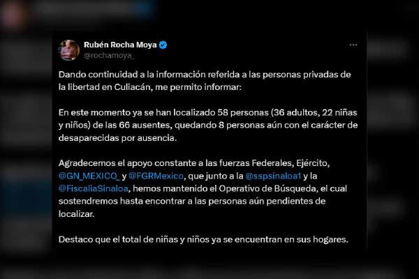 El gobernador de Sinaloa informó que otras 16 personas de las 66 secuestradas regresaron a sus hogares en Culiacán. Foto: X