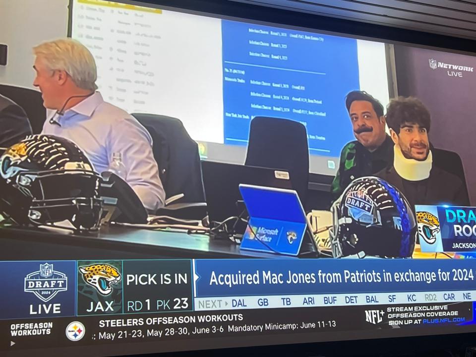 Tony Khan, AEW founder and son of Jacksonville Jaguars owner Shad Khan, wears a neck brace during the first round of the 2024 NFL draft. Khan was attacked on AEW Dynamite the night before the draft,