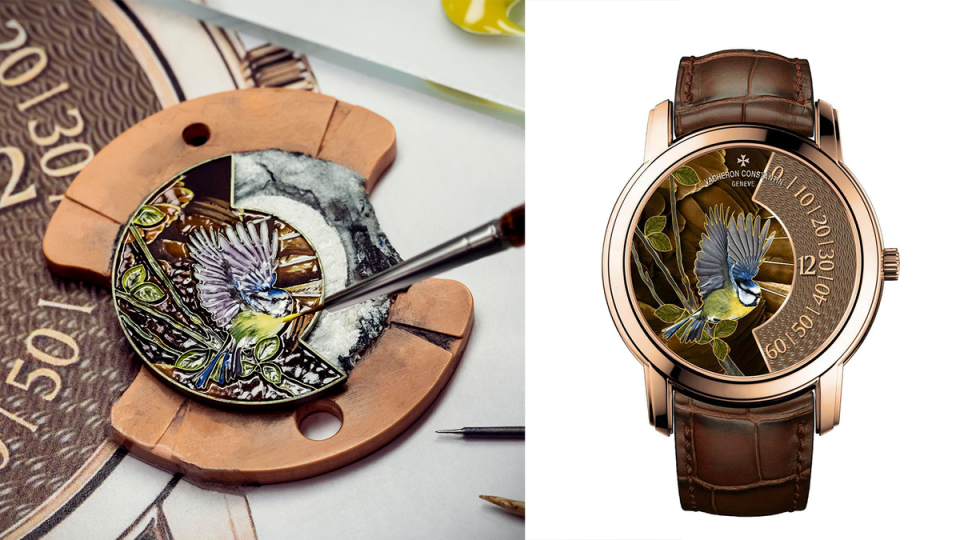 VACHERON CONSTANTIN Les Cabinotiers The Singing Birds｜以內填琺瑯描繪藍山雀的姿態，先在錶盤上鑿出薄凹槽，然後用極細的毛刷將琺瑯釉彩透過顯微鏡填充上色，之後需掌握火侯多次燒製，才能完成生動的靈鳥構圖。建議售價：店洽（限量一只）