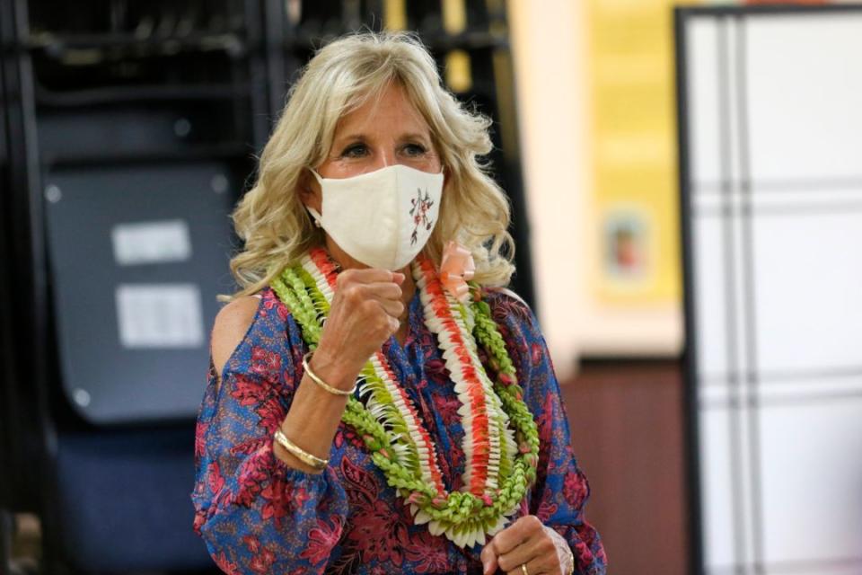 First lady Jill Biden after speaking at a vaccination clinic at a high school in Waipahu, Hawaii, Sunday, July 25, 2021. - Credit: AP