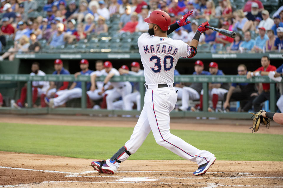 Rangers slugger Nomar Mazara hit a record-tying 505-foot home run against the White Sox. (AP Photo/Jeffrey McWhorter)