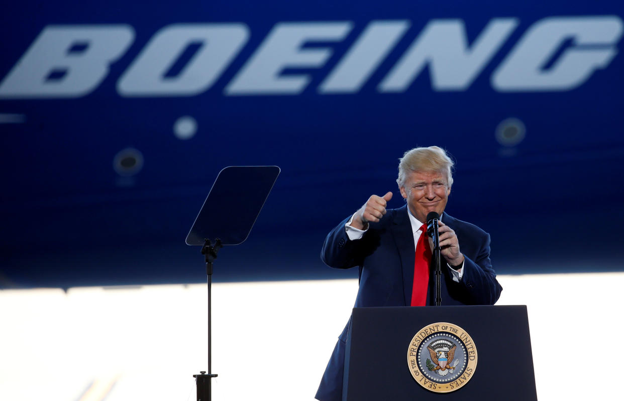 President Donald Trump told workers at Boeing&rsquo;s plant in South Carolina in February that he was there to &ldquo;to celebrate jobs.&rdquo; Now some of the workers at that facility&nbsp;face losing their jobs. (Photo: Kevin Lamarque/Reuters)
