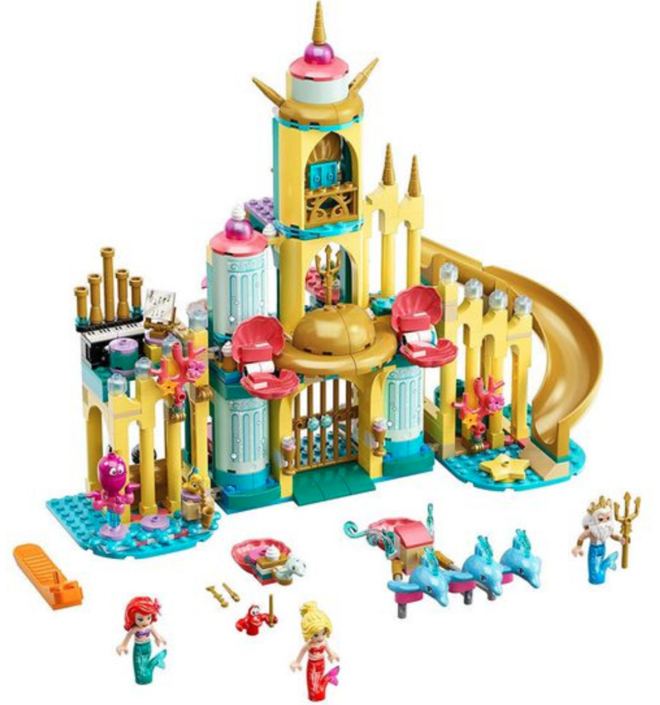 The LEGO Disney Princess Ariel's Underwater Palace set including mini figures on a white background