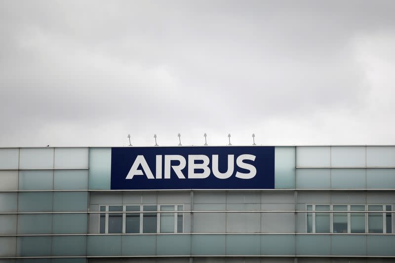 FILE PHOTO: A logo of Airbus is seen at the entrance of its factory in Blagnac near Toulouse