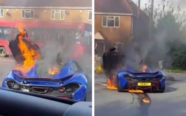 The blue P1 hypercar, one of only 375 made, erupted into a fireball at a junction in Colnbrook, Berkshire - Andrew Cruze/Instagram