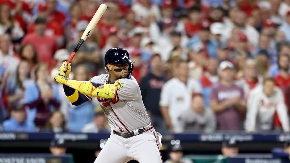 Acuña Jr. bats in the first inning of the Braves' game against the Philadelphia Phillies during Game Four of the 2023 National League Division Series. - Tim Nwachukwu/Getty Images