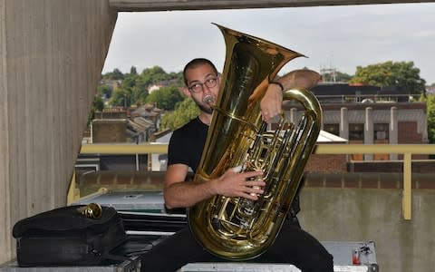 Tuba player Sasha Koushk-Jalali - Credit: BBC