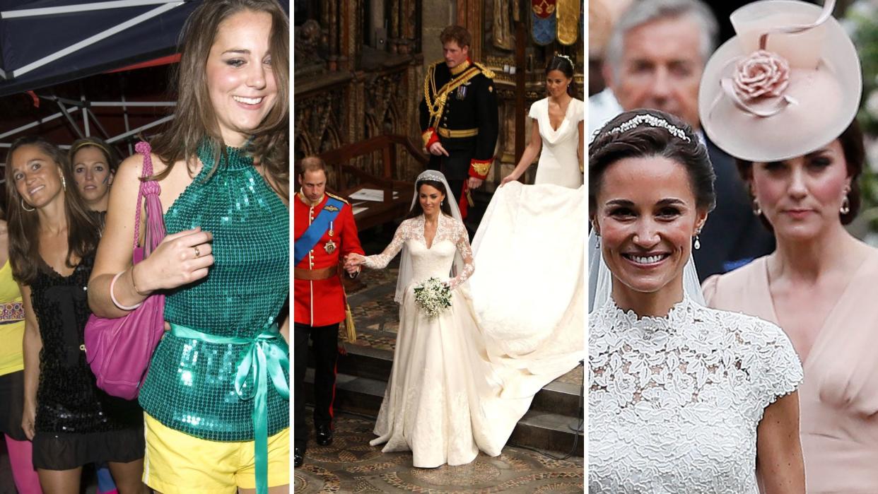  L-R: Kate and Pippa Middleton in 2008, Prince William, Harry, Kate and Pippa Middleton at the Royal Wedding 2011, Pippa and Kate Middleton on Pippa's wedding day. 