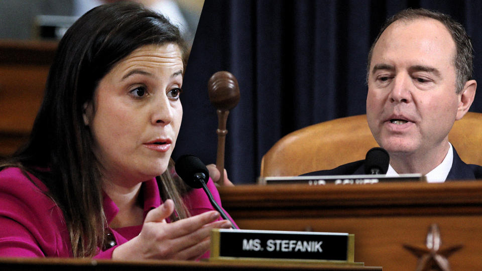 Rep. Elise Stefanik, R-N.Y. and Chairman of the House Intelligence Committee Adam Schiff, D-Calif., as he rules a Republican member of the committee is out of order as former U.S. Ambassador to Ukraine Marie Yovanovitch testifies before the House Intelligence Committee on Capitol Hill in Washington, Friday, Nov. 15, 2019, (Photo illustration: Yahoo News; photos: Alex Brandon/AP, Andrew Harnick/AP)