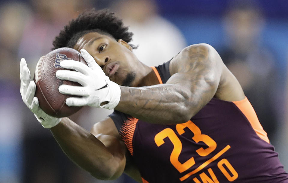 FILE - In this March 2, 2019, file photo, Arizona State wide receiver N'Keal Harry runs a drill during the NFL football scouting combine, in Indianapolis. Harry is a possible pick in the 2019 NFL Draft. (AP Photo/Darron Cummings, File)