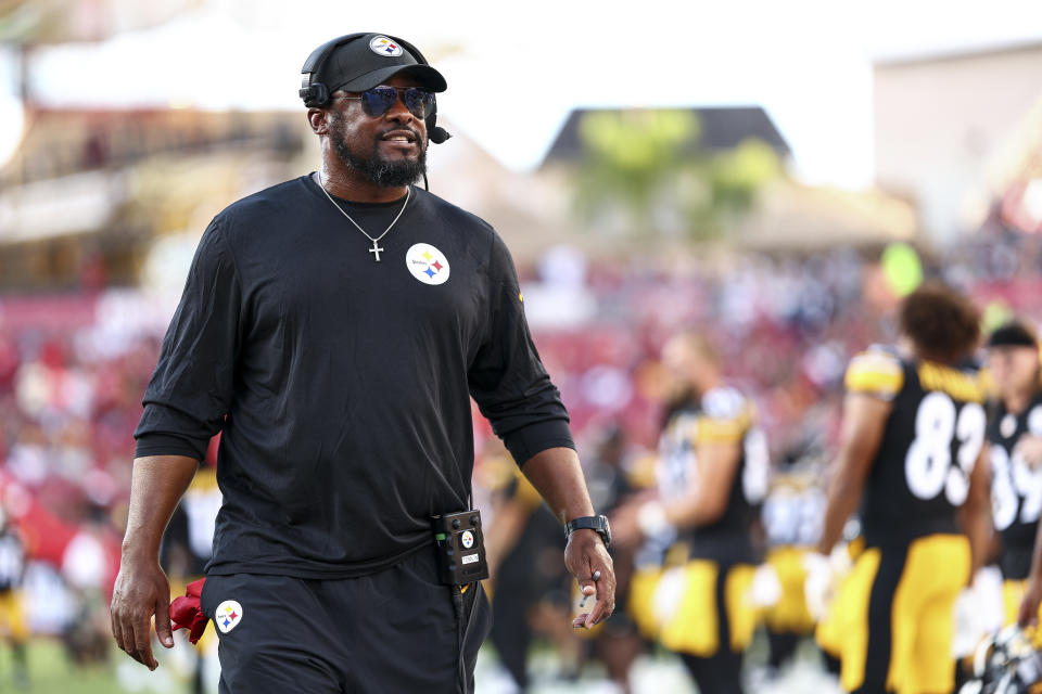 TAMPA, FL - AUGUST 11: Head coach Mike Tomlin of the Pittsburgh Steelers smiles on the sidelines prior to an NFL preseason football game against the Tampa Bay Buccaneers at Raymond James Stadium on August 11, 2023 in Tampa, Florida. (Photo by Kevin Sabitus/Getty Images)