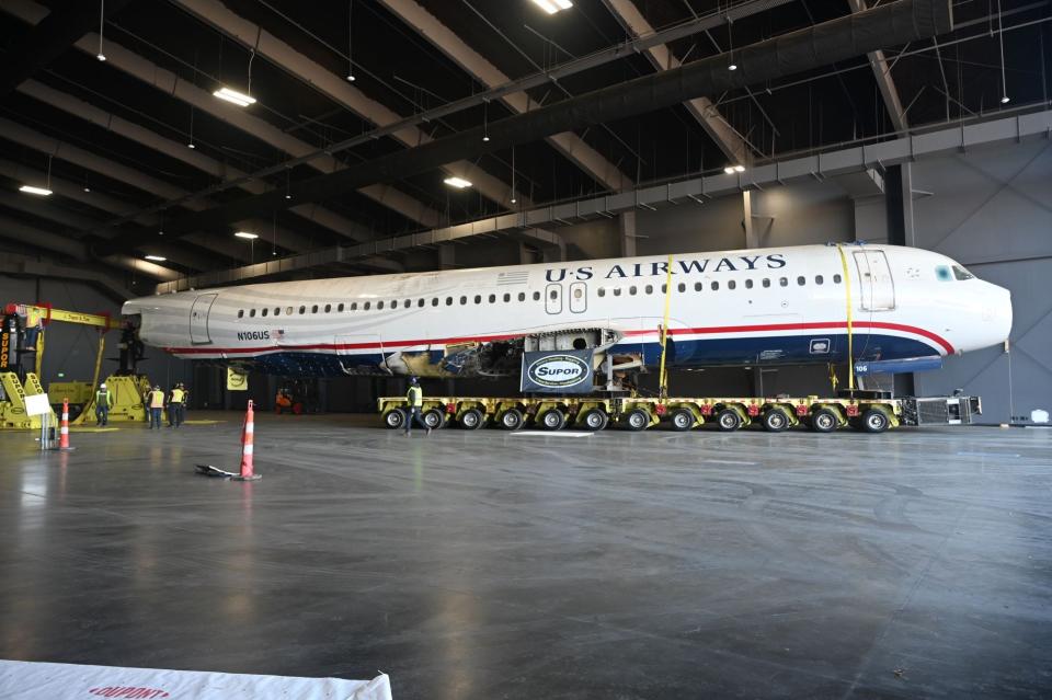 The A320 being wheeled into the museum in November.