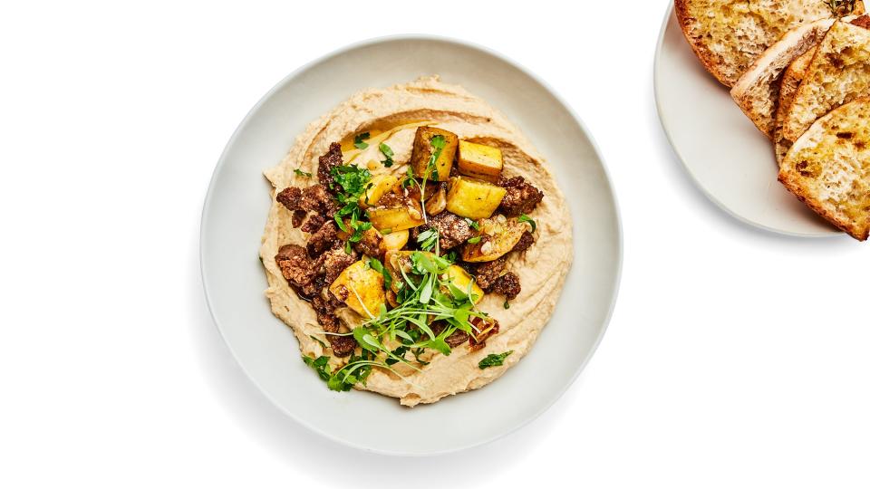 Hummus with Spiced Summer Squash and Lamb