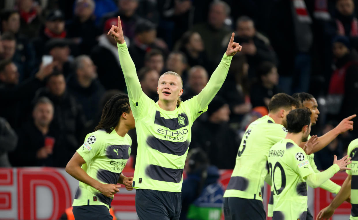 MUNICH, GERMANY - APRIL 19: Erling Haaland of Manchester City  celebrates after scoring their team's first goal during the UEFA Champions League quarterfinal second leg match between FC Bayern München and Manchester City at Allianz Arena on April 19, 2023 in Munich, Germany. (Photo by Matthias Hangst/Getty Images)