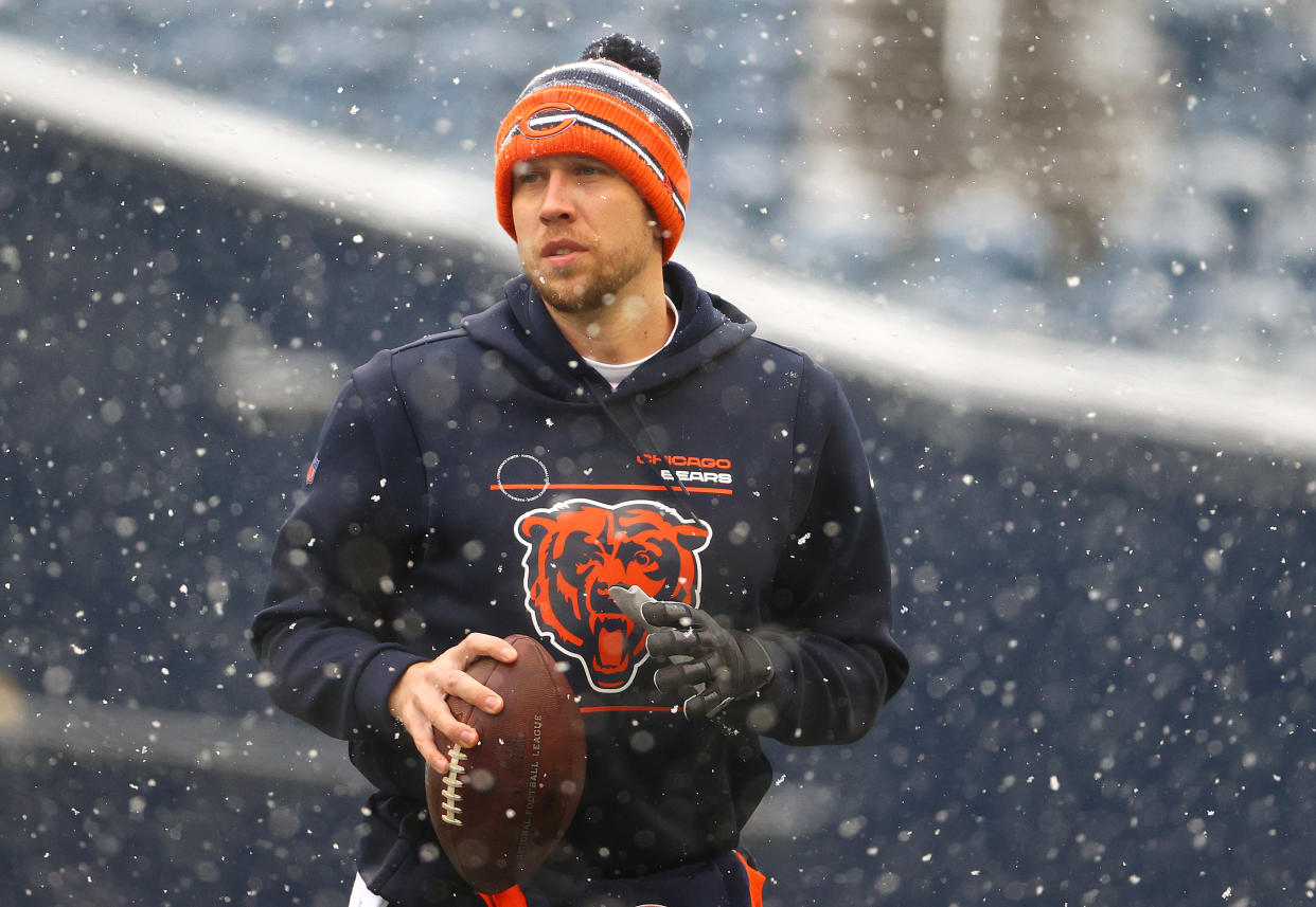 SEATTLE, WASHINGTON - DECEMBER 26: Nick Foles #9 of the Chicago Bears warms up before the game against the Seattle Seahawks at Lumen Field on December 26, 2021 in Seattle, Washington. (Photo by Abbie Parr/Getty Images)