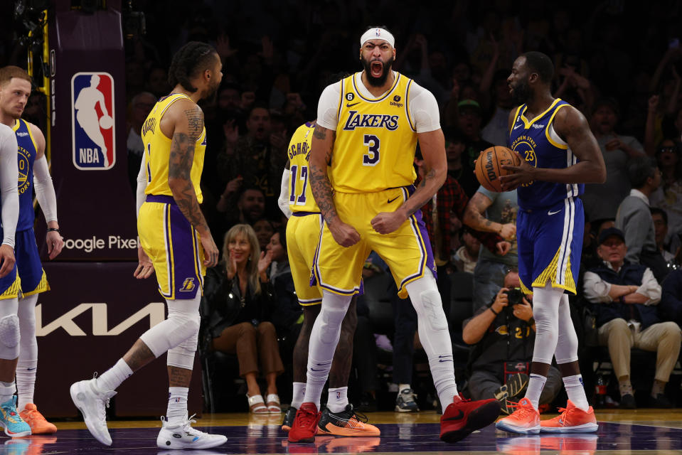 Anthony Davis of the Los Angeles Lakers reacts after his steal against the Golden State Warriors during the third quarter in Game 6 of the Western Conference semifinals at Crypto.com Arena in Los Angeles on May 12, 2023. (Harry How/Getty Images)