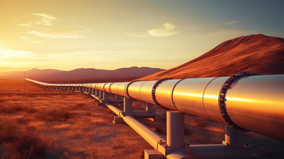 An oil pipeline stretching for miles, signifying the transportation of fuels for the market.