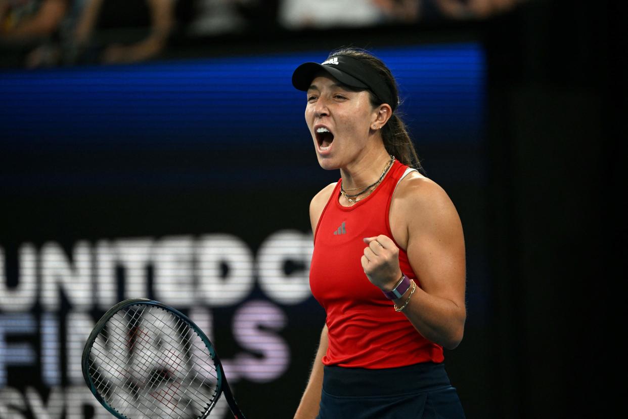 Jessica Pegula of the US celebrates victory against Italy's Martina Trevisan during their women's singles match in the final of the United Cup tennis tournament in Sydney on January 8, 2023. - -- IMAGE RESTRICTED TO EDITORIAL USE - STRICTLY NO COMMERCIAL USE -- (Photo by Saeed KHAN / AFP) / -- IMAGE RESTRICTED TO EDITORIAL USE - STRICTLY NO COMMERCIAL USE -- (Photo by SAEED KHAN/AFP via Getty Images)