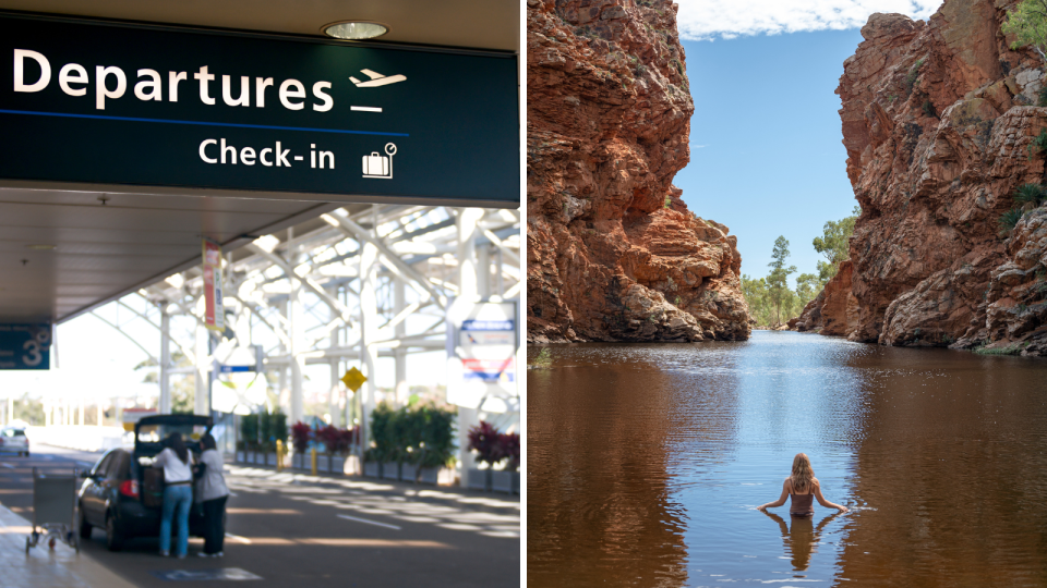 A composite image of an airport departures sign and a woman swimming at Ellery Creek so represent where Aussies can travel to with the Webjet sale.