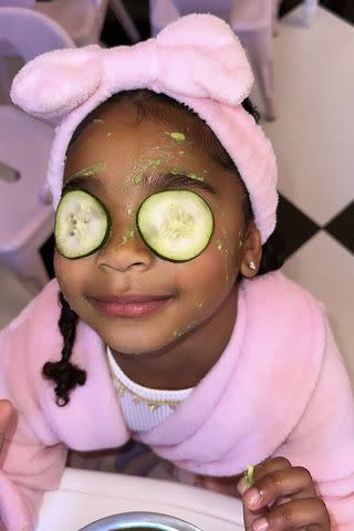 <p>Khloe Kardashian/Instagram</p> Khloé's daughter True Thompson made a face mask at the party