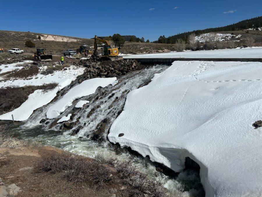 Crews work to relieve pressure at the Panguitch Lake Dam (Courtesy: Utah Department of Public Safety)