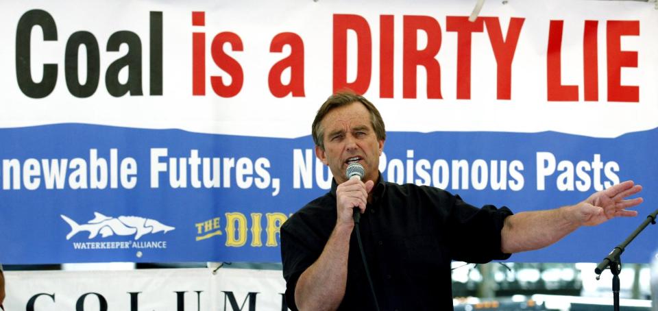 Environmental lawyer Robert F. Kennedy Jr. makes remarks during a rally Monday, May 7, 2012, in Portland, Ore. Columbia Riverkeeper, the Sierra Club, Climate Solutions and Greenpeace sponsored the rally to fight a half-dozen proposals to ship coal from Montana and Wyoming to Asia through Northwest ports. The opponents warn of local problems from coal dust and long coal trains. They also say expanding Asian access to American coal would be bad for the world environment. (AP Photo/Rick Bowmer)