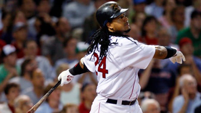 Mandatory Credit: Photo by Elise Amendola/AP/Shutterstock (6357446a)Manny Ramirez Boston Red Sox's Manny Ramirez flies out to center in the eighth inning of a baseball game against the Los Angeles Angels at Fenway Park in Boston on .