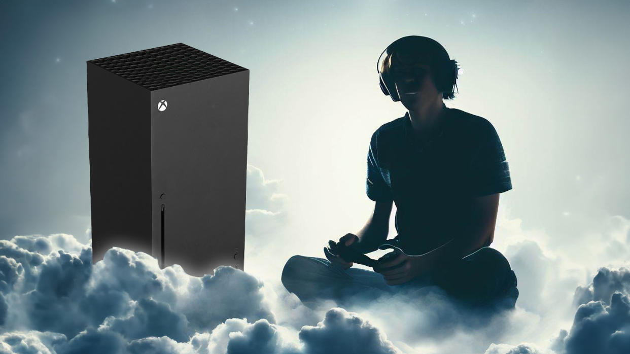  Xbox gamer in the clouds with Xbox Series X console 