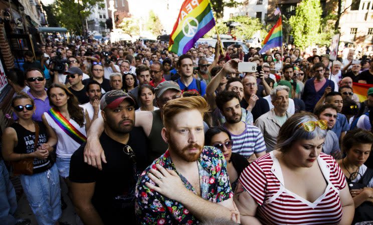 A vigil for the victims of the Orlando shooting outside the Stonewall Inn in New York City. (Photo: EPA/Justin Lane)