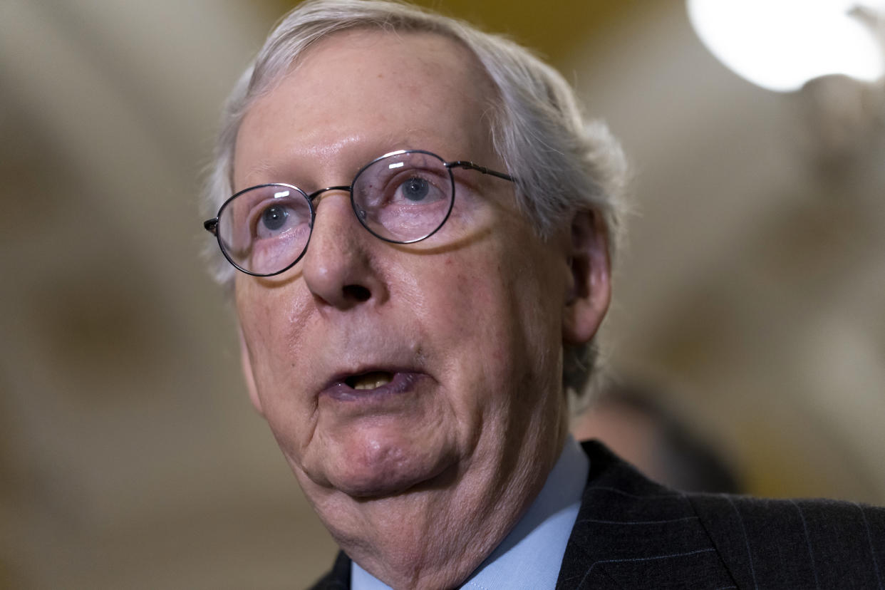 FILE - Senate Republican Leader Mitch McConnell, R-Ky., speaks to reporters following a closed-door policy meeting, at the Capitol in Washington, Tuesday, Feb. 28, 2023. McConnell has been released from the hospital after treatment for a concussion and will continue to recover in an inpatient rehabilitation facility. McConnell’s office says his doctors discovered over the weekend that he had also suffered a “minor rib fracture” after he tripped and fell at the Waldorf Astoria hotel in Washington last Wednesday evening. (AP Photo/J. Scott Applewhite, File)