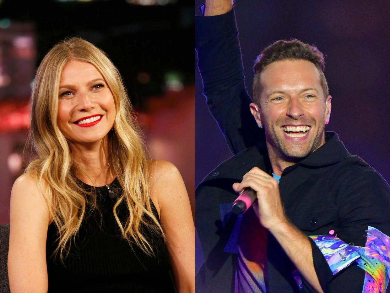 left: gwyneth paltrow sitting and smiling, looking slightly to the side of the camera; right: chris martin onstage, holding his hand up and holding a microphone close to his smile