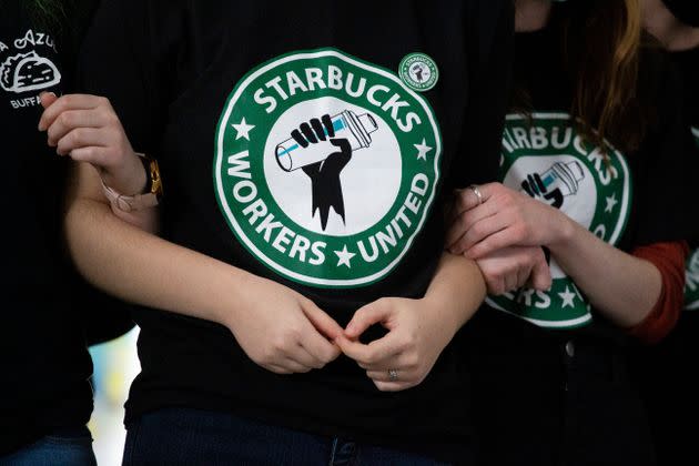 Starbucks employees and supporters react as votes are read during a union election watch party on Dec. 9, 2021, in Buffalo, New York. (Photo: via Associated Press)