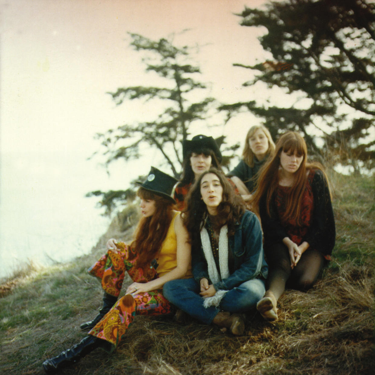 Ace of Cups on Mount Tamalpais in Northern California, 1967 (clockwise from bottom left): Vitalich, Gannon, Simpson, Hunt and Kaufman. - Credit: Casey Sonnabend*