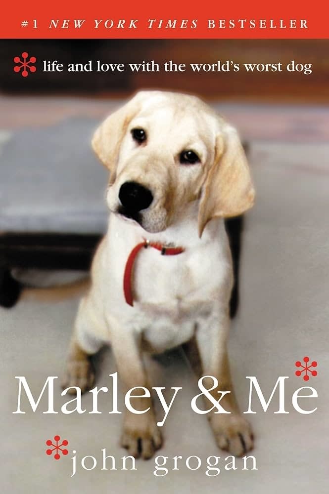 Book cover of "Marley & Me" featuring a Labrador Retriever sitting, with title and author John Grogan's name