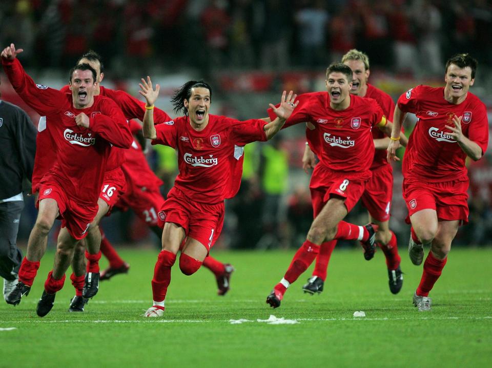 Liverpool celebrating their famous 2005 Champions League win: Getty