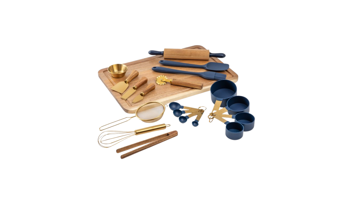 20 piece bakeware set in blue, gold, and acacia wood. 