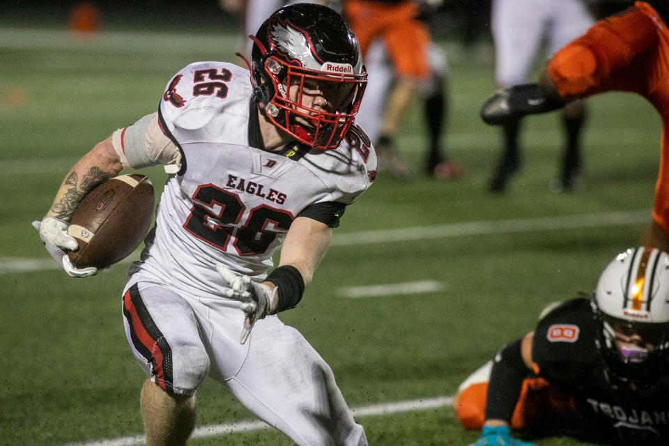 Dover's Gavin Mullins runs the ball during a YAIAA Division II football game against York Suburban at York Suburban High School, Friday, September 30, 2022. The Eagles won, 35-21.