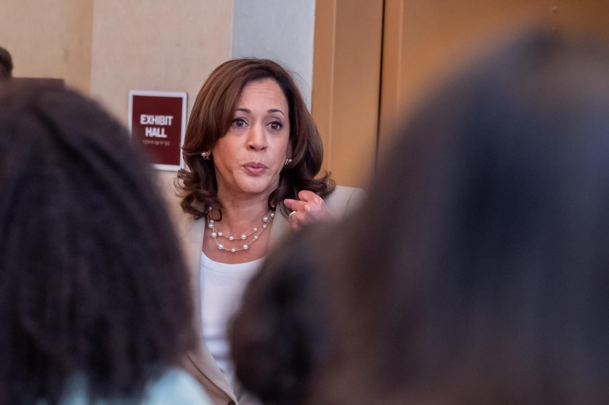 Prior to her prepared remarks at LaVilla's Ritz Theatre and Museum, Vice President Kamala Harris speaks to guests at the theater on Friday, July 21.