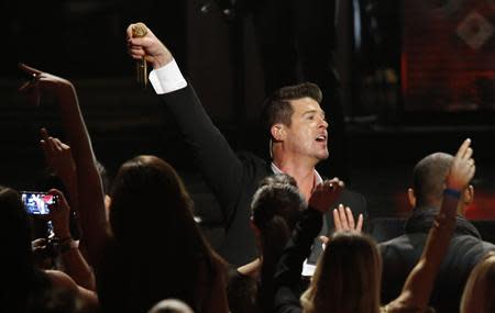 Robin Thicke performs "Blurred Lines" at The Grammy Nominations Concert Live - Countdown to Music's Biggest Night event at Nokia theatre in Los Angeles December 6, 2013. REUTERS/Mario Anzuoni